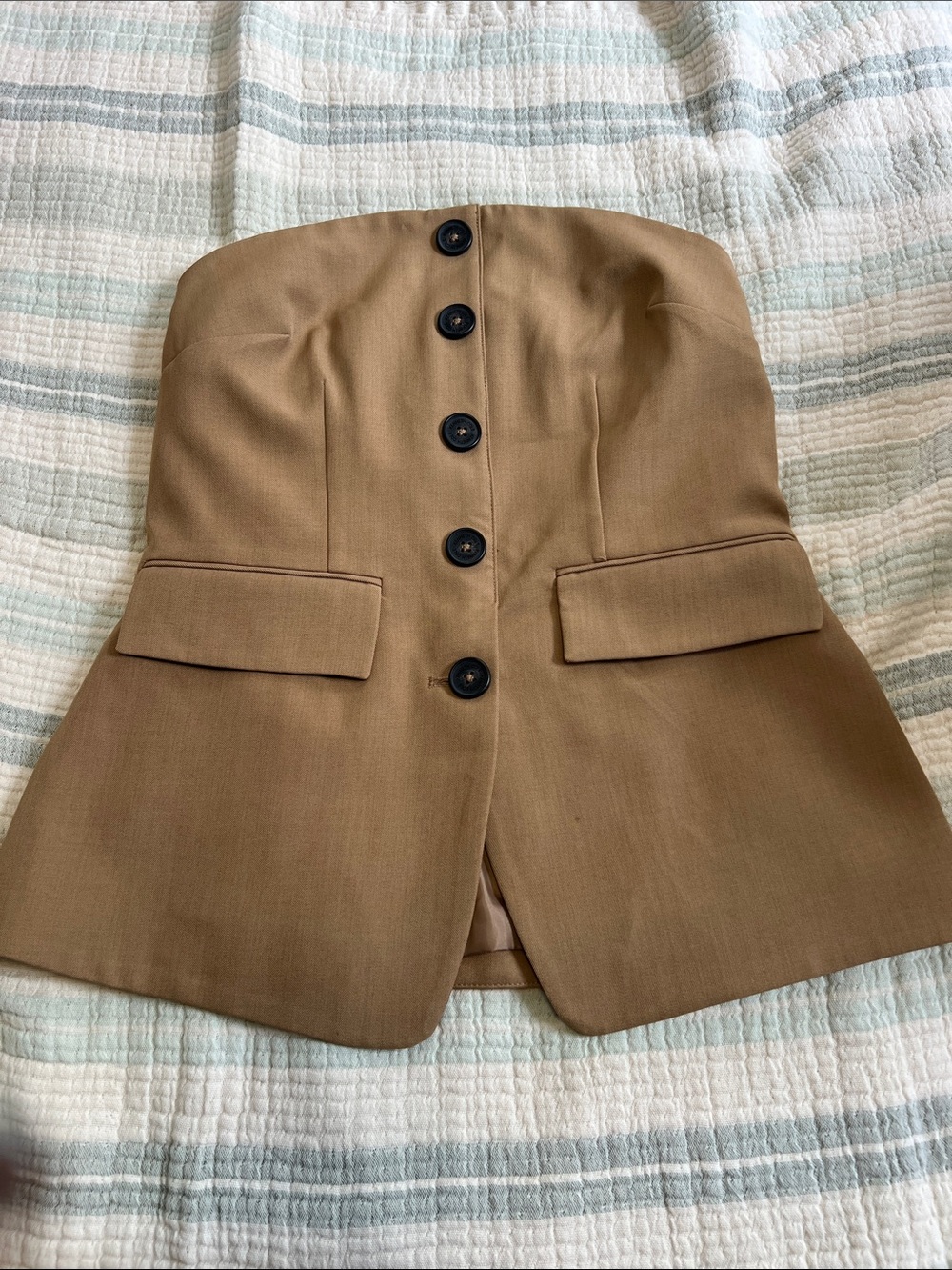 Strapless Tan Tailored Bustier Top with Button Front